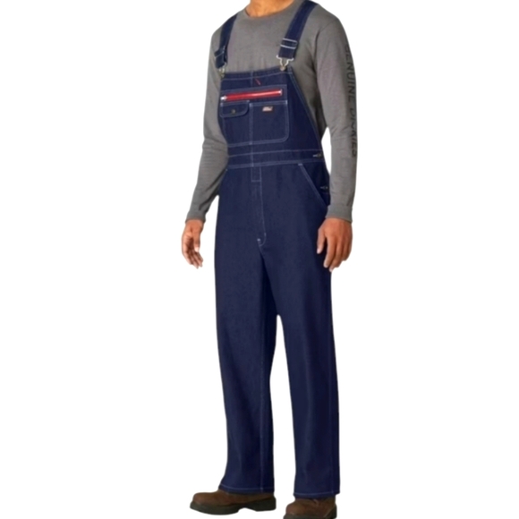 Dickies denim Blue bib overalls Relaxed Fit Front From Kansas!  Pockets EYC sz L - Picture 1 of 10
